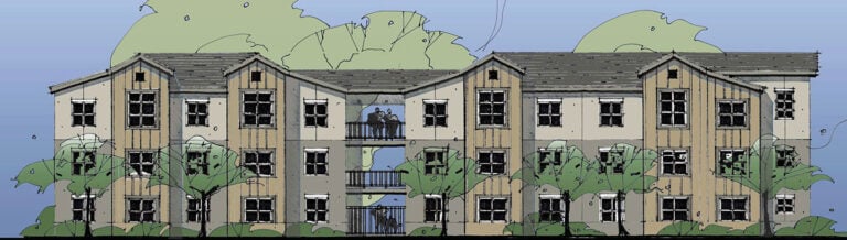 Architectural illustration of a three-story building with trees in front. The structure features multiple windows and a gabled roof.
